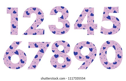 Arabic numerals, painted with a colorful background with hearts.Template for design, fabric, print.