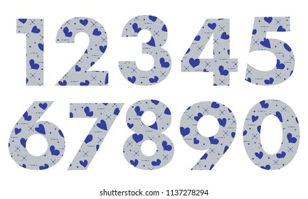 Arabic numerals, painted with a colorful background with hearts.Template for design, fabric, print.