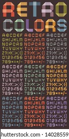 Arabic numerals and Roman alphabet. Alphabet folded of ribbon paper. Nine different colors. A, B, C, D, E, F, G, H, I, J, K, L, M, N, O, P, Q, R, S, T, U, V, W, X, Y, Z, 0, 1, 2, 3, 4, 5, 6, 7, 8 ,9.