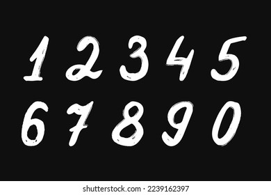 Arabic numerals. Set of decorative numbers, children's drawing with white chalk on a black board. Numeric signs. Line drawing. Vector illustration isolated.