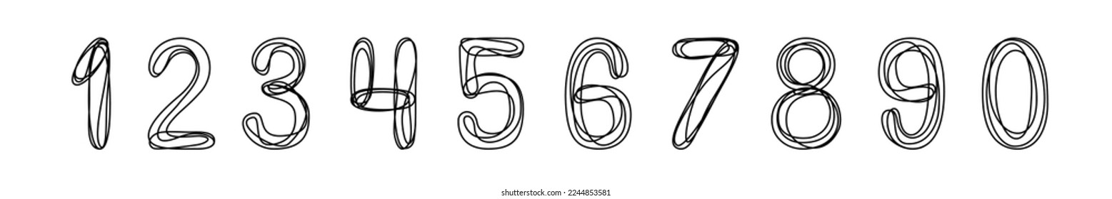 Arabic numerals. A set of decorative numbers drawn with one continuous line. Vector illustration isolated on white background.