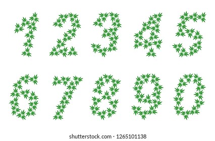 Arabic numerals from triple green hemp leaves isolated. Medical marijuana. Cannabis green leaf logo. Vector illustration EPS 10.