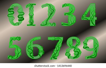 Arabic numerals from zero to nine decimal in the style of a green plant