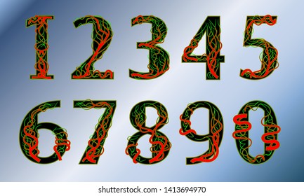 Arabic numerals from zero to nine in the style of the blood tree