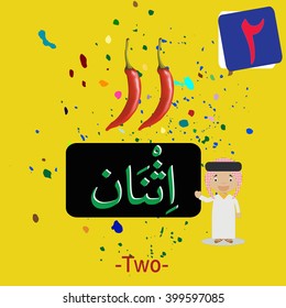 Arabic Numeric Translation with fruit illustrations for kid education "two" 