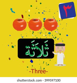 Arabic Numeric Translation with fruit illustrations for kid education "three" 