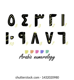 Arabic numerology design elements. Arabic, Indian tsifry, ancient script. Handwritten tsyfry cartoon decorative Scandinavian style. Great for school illustrations
