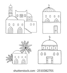 Casas antigas árabes em sobremesa com palmeiras conjunto de ilustração de vetor de linha. Arquitetura simples em preto e branco do Oriente Médio na Jordânia, Egito, Emirados Árabes Unidos, Arábia Saudita ou Marrocos para cenas bíblicas