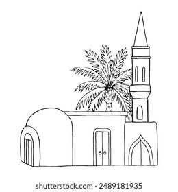 Arabic old town street with palm and tower flat line vector illustration in black and white. Minimalist houses landscape in Middle East. Islamic architecture in Jerusalem