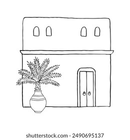 Arabic old two-storey house with palm tree line vector illustration. Simple black and white Middle East hut in Jerusalem, Jordan, Egypt, Emirates, Saudi Arabia or Morocco for Biblical scenes