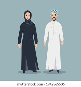Arabic omani man and women Characters business Moslem people family in traditional clothing vector illustration.