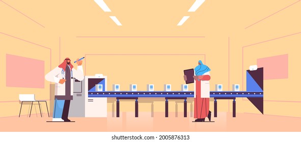 arabic operators team controlling medicine production filling on conveyor belt doctors checking quality of products