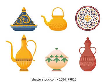 Arabic oriental dishes set. Antique yellow teapots with ornate muslim designs red water jug with ornate dish white moroccan porcelain pot turkish soup tureen for hot meals. Ethnic cartoon vector.