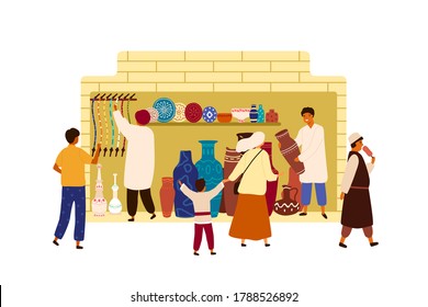 Arabic, Oriental, Eastern street haggling, market souk, local bazaar. People walking in marketplace. Tourist buy clay pot, plate, pottery, hookah. Flat vector cartoon illustration isolated on white