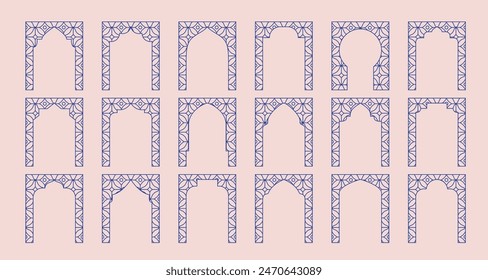 Arabisch orientalischer Rahmen, Bogen, Tür. Luxuriöse blaue dünne Linie muslimische Fenster, Tore. Vektorgrafik Clipart.