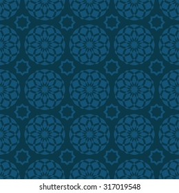 Arabic oriental seamless pattern, traditional Muslim floral ornament, blue Islamic background for design
