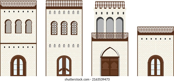 Arabic oriental traditional mud brick architecture buildings. Muslim authentic mud houses, mosque, rotunda, tower vector illustration set. Traditional Arabic ancient houses with wooden doors
