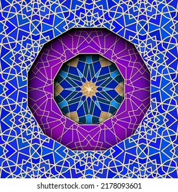 Arabic ornament with girih patterns and round frame element with star. Abstract islamic background with traditional geometric pattern