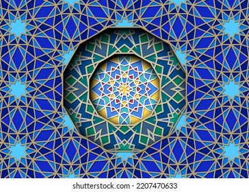 Arabic ornament with girih patterns and round frame element with star. Abstract islamic background with traditional geometric pattern