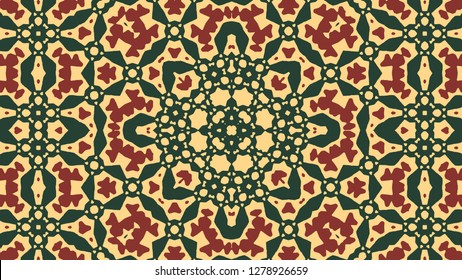 Arabic ornament - green, dark-red tracery, yellow background. Floor or walls in bathroom or kitchen; for tablecloth, paper, tile, etc.