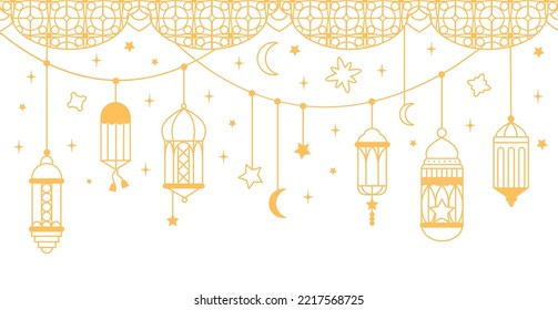 Arabic ornament lanterns ramadan kareem banner. Line islamic style decorations, islam outline decorative background. Oriental lamps decent vector template