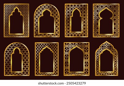 Arabic ornamental frames. Traditional Islamic doors or Arabian motif arc frame with golden pattern ornaments. Luxury gate or Muslim architecture window decorations vector set.