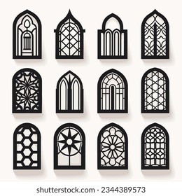 Ventanas ornamentales árabes sobre fondo blanco. Formas geométricas islámicas tradicionales.  ilustración vectorial