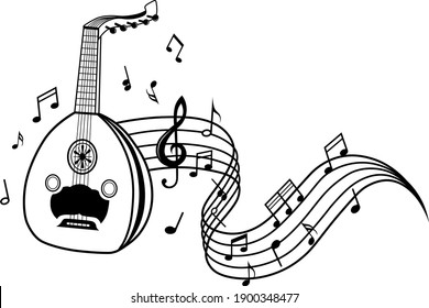 The Arabic Oud musical instrument with note drawn , Vector illustration of hand drawn of Al Oud musical instrument on a white background.