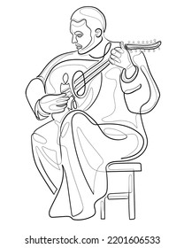 Arabic oud player. One line drawing man playing the oud instrument. Continuous line musician vector illustration