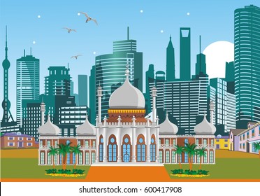 Arabic Palace on the background of the metropolis. Weekend in Dubai. Vector illustration