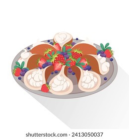 Crepes árabes rellenos de crema. Desierto musulmán para las vacaciones de Eid al Fitr. Fresas y bayas rebanadas. Pasteles dulces tradicionales orientales con crema. Ilustración plana vectorial.