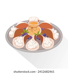 Crepes árabes rellenas. Cocina tradicional para las vacaciones de Eid al Fitr. Comprando miel y bayas. Postre oriental para los huéspedes. Bollería dulce con crema. Ilustración plana vectorial.