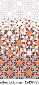 Arabic pattern. Arabesque repeating vector border. Geometric halftone texture with color tile disintegration or breaking