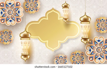 Arabic Pattern Background Decorated with Sticker Style Mandala, Hanging Illuminated Lanterns and Empty Vintage Frame Given For Message.