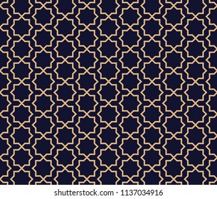Arabic pattern background. Geometric seamless muslim ornament backdrop. Vector illustration of islamic texture. Traditional arabic decor on dark blue and gold background.