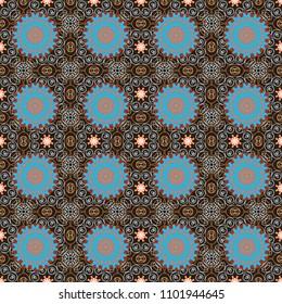 Arabic Pattern. Mandala ornament. Seamless background Eastern style blue, beige and brown. Elements of flowers and leaves. Vector illustration. Use for wallpaper, print packaging paper, textiles.