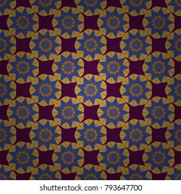 Arabic Pattern. Seamless background Eastern style purple, violet and yellow. Mandala ornament. Vector illustration. Use for wallpaper, print packaging paper, textiles. Elements of flowers and leaves.
