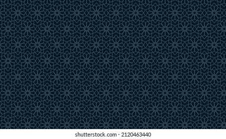 Arabic Pattern Seamless Background. Geometric Muslim Ornament Dark Blue Backdrop.Vector Illustration Of Islamic Texture.