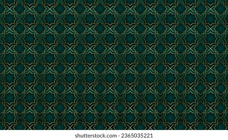 Arabic pattern seamless background. Geometric Muslim ornament elegant green backdrop. Moroccan style concept. Vector illustration of Islamic texture.