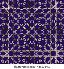Arabic pattern seamless background. Geometric muslim ornament backdrop.  vector illustration of islamic texture, yellow on blue
