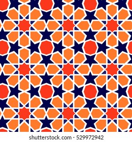 Arabic pattern seamless background. Geometric muslim ornament backdrop. dark blue, red, orange color palette. vector illustration of islamic texture