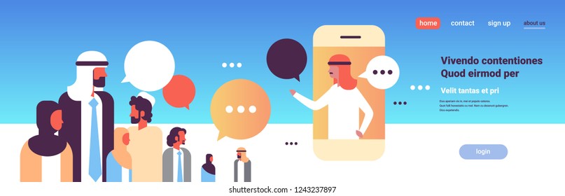 arabic people chat bubbles mobile application communication speech dialogue arab man woman cartoon character portrait copy space banner flat