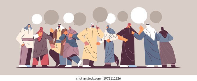 arabic people with chat bubbles standing together and discussing during meeting communication