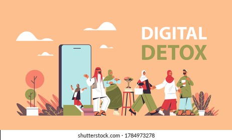 arabic people coming out of cellphone screen vacatin adventure digital detox concept abandoning internet and social networks horizontal full length vector illustration