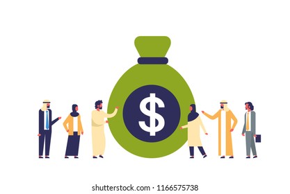 arabic people group standing money dollar bag growth wealth concept isolated arab business man woman teamwork success flat horizontal vector illustration