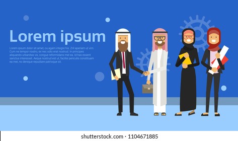 arabic people group wearing traditional clothes full length arab business man handshake, muslim male female banner copy space flat ஸ்டாக் வெக்டர்