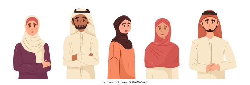 Arabic people, man and woman, middle east female. Young attractive muslim girl, beautiful lady, gorgeous person wearing hijab, colourful scarf. Traditional wear. Vector illustration.