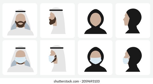 Arabic people portrait with face mask vector set