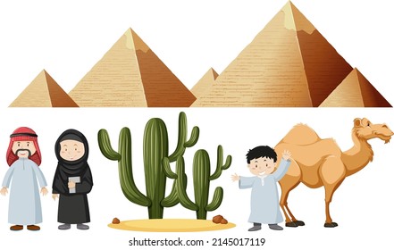 Arabic people with pyramid and camel illustration
