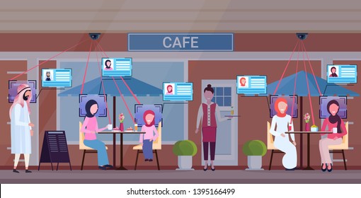 arabic people relaxing summer cafe shop waitress serving guests identification facial recognition concept security camera surveillance cctv system cafeteria exterior horizontal full length